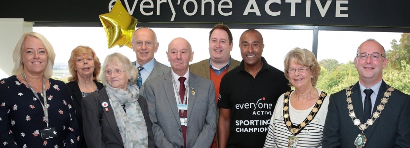 Colin Jackson CBE with Councillors, Officers and the Mayor of Gainsborough at the opening of the refurbished leisure centre