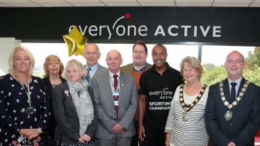 Colin Jackson CBE with Councillors, Officers and the Mayor of Gainsborough at the opening of the refurbished leisure centre